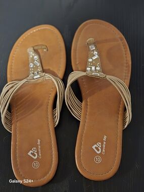 Women's Tan Embellished Thong Sandals